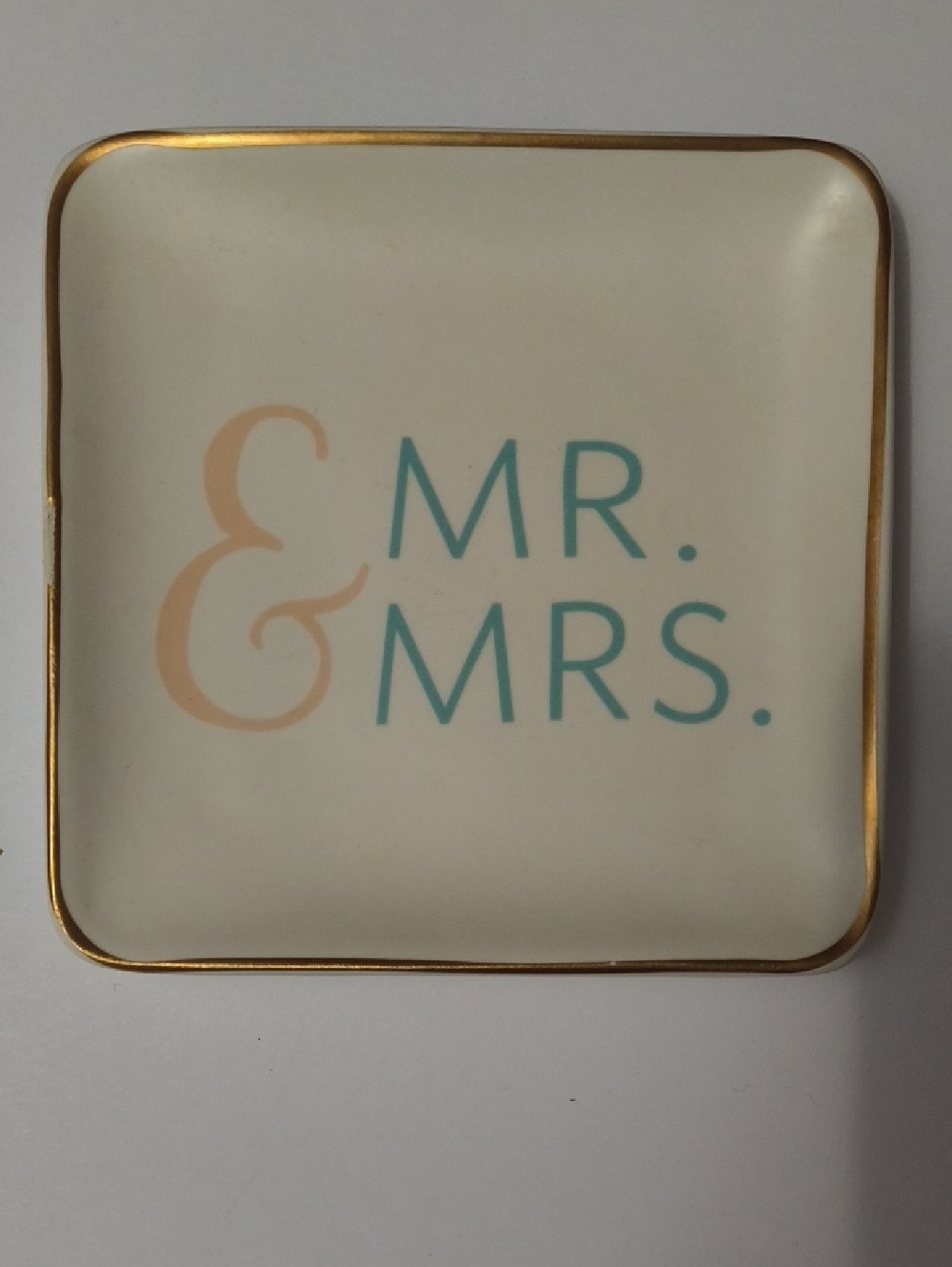 Mr. & Mrs. Decorative Trinket Dish - Gold Trim, Teal and Peach Lettering